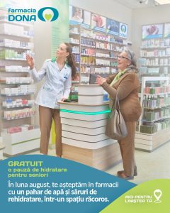 Farmacia DONA continuă și în luna august inițiativa „Hidratare pentru pacienții seniori”